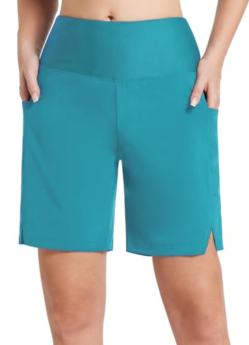 baleaf Badeshorts Damen Lang Knielang Schnelltrocknend Badehose UV Schutz UPF 50+ Schwimmhose Hohe Taille Boardshorts mit Innenslip und Taschen Dunkelblau XS von baleaf