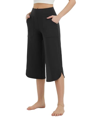 baleaf Caprihose Damen Sommer Yogahose mit Taschen Weites Bein Stretch Sommerhose Casual Lounge Loose 3/4 Straighthose Schwarz S von baleaf