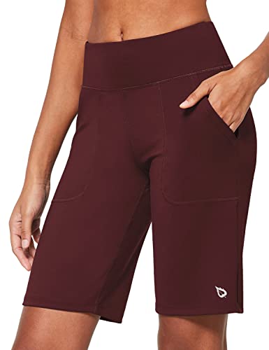 baleaf Damen 10" Bermuda Shorts Knielang Sommer Kurze Hose Hohe Taile Sporthose kurz mit Taschen Laufshorts Runningshorts Dunkel Rosenrot M von baleaf