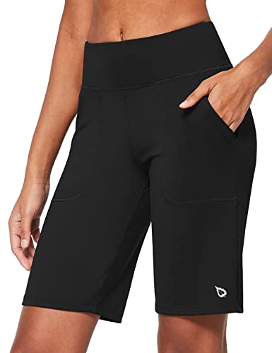 baleaf Damen 10" Bermuda Shorts Knielang Sommer Kurze Hose Hohe Taile Sporthose kurz mit Taschen Laufshorts Runningshorts Schwarz XXL von baleaf