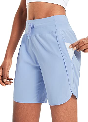 baleaf Damen 7" Laufshorts Laufhose Kurz Sporthose mit 4 Taschen Jogginghose Sport Shorts mit Innenslip Hell Blau L von baleaf