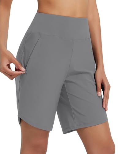 baleaf Damen 9" Badeshorts lang Schwimmen Boardshorts Reißverschlusstaschen Badehose Schnell Trocknend Schwimmhose UPF50+ UVA Bermudashorts Knielang Grau S von baleaf