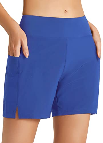 baleaf Damen Badeshorts Bauchkontrolle Schwimmshorts Schnell Trocknend Hohe Taille Boardshorts Schwimmunterteil UPF50+ mit Taschen Blau S von baleaf