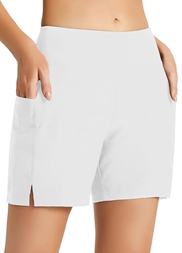 baleaf Damen Badeshorts Bauchkontrolle Schwimmshorts Schnell Trocknend Hohe Taille Boardshorts Schwimmunterteil UPF50+ mit Taschen Weiß S von baleaf