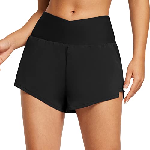 baleaf Damen Badeshorts Bauchkontrolle UPF50+ Boardshorts Schwimmunterteil mit Taschen Badehose Schnell Trocknend Schwimmhose Hohe Taille Bikinihose StrandshortsSchwarz M von baleaf