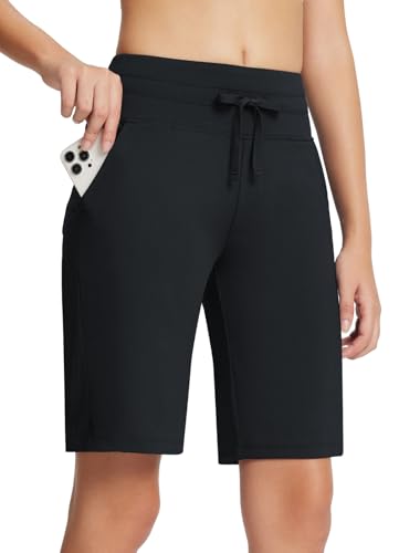 baleaf Damen Bermuda Shorts 10'' Athletic High Waisted Long Shorts Workout Quick Dry Soft mit Kordelzug 2 Taschen Schwarz XL von baleaf