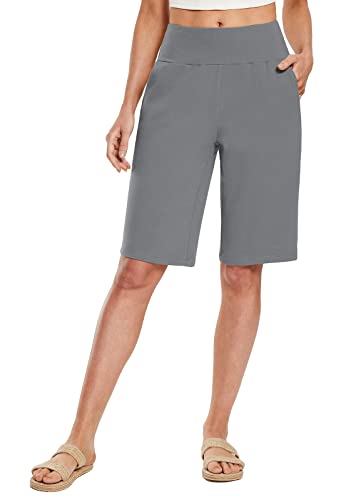 baleaf Damen Bermuda Shorts Baumwolle Sweathose Caprihose mit Taschen Weite Bein Knielange Yogahose Hohe Taille Sommerhose kurz Grau XL von baleaf