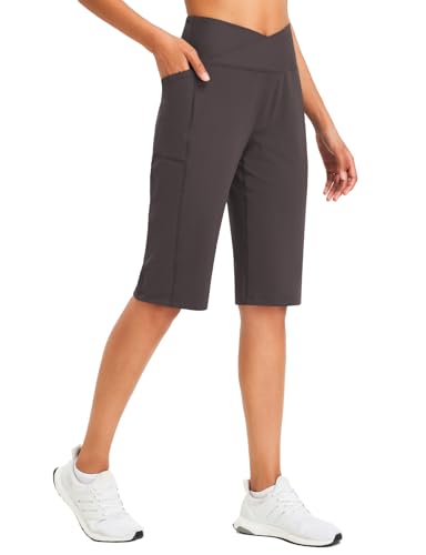 baleaf Damen Bermuda Shorts Capri Yogahose mit Taschen Weite Bein Straighthose Hohe Taille Loose Lounge Activewear Hosen Casual Sommer Dunkelbraun XXL von baleaf