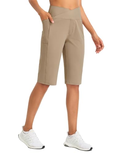 baleaf Damen Bermuda Shorts Capri Yogahose mit Taschen Weite Bein Straighthose Hohe Taille Loose Lounge Activewear Hosen Casual Sommer Hellbraun XS von baleaf