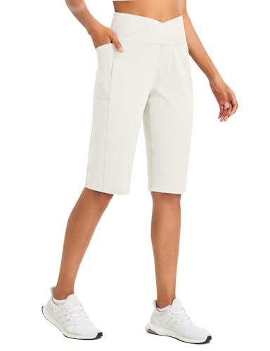 baleaf Damen Bermuda Shorts Capri Yogahose mit Taschen Weite Bein Straighthose Hohe Taille Loose Lounge Activewear Hosen Casual Sommer Weiß XL von baleaf