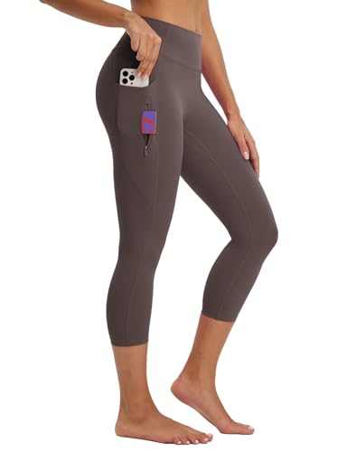 baleaf Damen Capri Leggings High Waist 3/4 Sport Leggings Blickdicht mit Taschen Sporthose Kurze Yogahose Slim Fit Gym Casual Sommer Braun M von baleaf