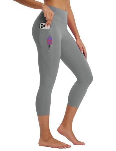 baleaf Damen Capri Leggings High Waist 3/4 Sport Leggings Blickdicht mit Taschen Sporthose Kurze Yogahose Slim Fit Gym Casual Sommer Grau M von baleaf