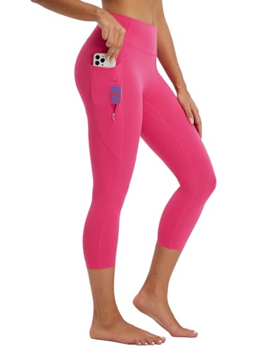 baleaf Damen Capri Leggings High Waist 3/4 Sport Leggings Blickdicht mit Taschen Sporthose Kurze Yogahose Slim Fit Gym Casual Sommer Rot XL von baleaf