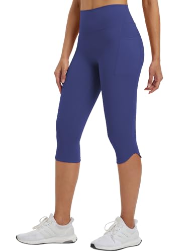 baleaf Damen Capri Leggings High Waist mit Taschen 3/4 Sport Leggins Fitness Yogahose Gym Sporthose Workout Sportleggings Blau XXL von baleaf