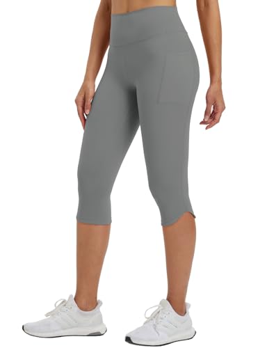 baleaf Damen Capri Leggings High Waist mit Taschen 3/4 Sport Leggins Fitness Yogahose Gym Sporthose Workout Sportleggings Grau L von baleaf