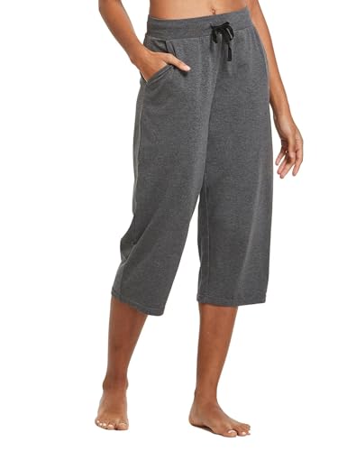 baleaf Damen Caprihose Baumwolle Yogahose mit Taschen Weites Bein Casual Freizeithose Lounge 20" Jogginghose Workout Sporthose Sommer Dunkelgrau L von baleaf