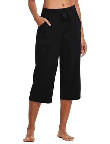 baleaf Damen Caprihose Baumwolle Yogahose mit Taschen Weites Bein Casual Freizeithose Lounge 20" Jogginghose Workout Sporthose Sommer Schwarz XL von baleaf
