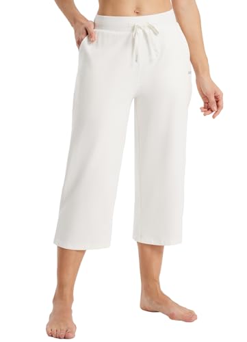 baleaf Damen Caprihose Baumwolle Yogahose mit Taschen Weites Bein Casual Freizeithose Lounge 20" Jogginghose Workout Sporthose Sommer Weiß M von baleaf