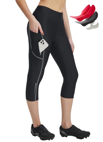 baleaf Damen Fahrradhose Lycra 4D Gepolstert Radfahren Caprihosen Hohe Taille Radfahren Fahrrad Polsterung Strumpfhose mit Taschen Grau XXL von baleaf