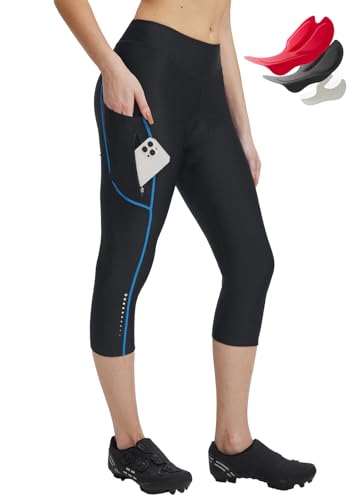 baleaf Damen Fahrradhose Lycra 4D Gepolstert Radfahren Caprihosen Hohe Taille Radfahren Fahrrad Polsterung Strumpfhose mit Taschen Schwarz/Blau M von baleaf