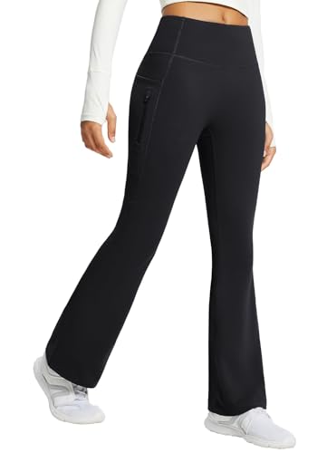 baleaf Damen Fleece Lined Thermo Yogahose Bootcut Flare Leggings High Waist Warmhose Winterhose Cargohose mit Taschen Schwarz XS von baleaf