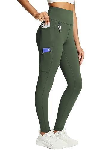 baleaf Damen Fleece gefütterte Leggings Wasserabweisend Hohe Taille Wanderleggings Thermo Leggings Fahrradhose Laufhose mit Reißverschlusstaschen Grün XL von baleaf