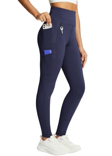 baleaf Damen Fleece gefütterte Leggings Wasserabweisend Hohe Taille Wanderleggings Thermo Leggings Fahrradhose Laufhose mit Reißverschlusstaschen Marineblau 2XL von baleaf