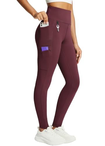 baleaf Damen Fleece gefütterte Leggings Wasserabweisend Hohe Taille Wanderleggings Thermo Leggings Fahrradhose Laufhose mit Reißverschlusstaschen Weinrot XS von baleaf