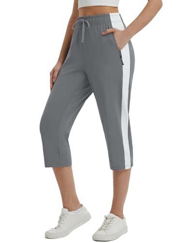baleaf Damen Jogginghose 3/4 Sporthose mit Taschen Caprihose Yogahose Sommer Sweathose High Waist Freizeithose Grau M von baleaf