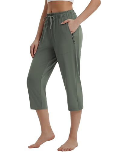 baleaf Damen Jogginghose 3/4 Sporthose mit Taschen Caprihose Yogahose Sommer Sweathose High Waist Freizeithose Grün L von baleaf