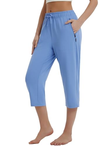 baleaf Damen Jogginghose 3/4 Sporthose mit Taschen Caprihose Yogahose Sommer Sweathose High Waist Freizeithose Hellblau S von baleaf
