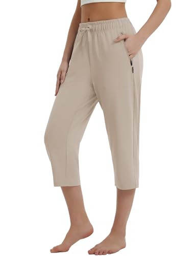 baleaf Damen Jogginghose 3/4 Sporthose mit Taschen Caprihose Yogahose Sommer Sweathose High Waist Freizeithose Khaki XXL von baleaf