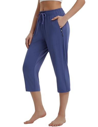 baleaf Damen Jogginghose 3/4 Sporthose mit Taschen Caprihose Yogahose Sommer Sweathose High Waist Freizeithose Marineblau XL von baleaf