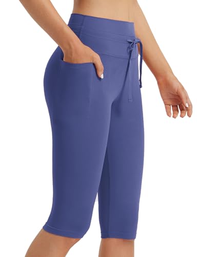baleaf Damen Knielange Capri Leggings mit Taschen High Waisted Sport Leggings Drawstring Yogahose Kurze Workout Sporthose Gym Casual Sommer Blau XXXL von baleaf