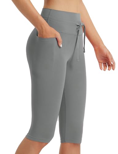 baleaf Damen Knielange Capri Leggings mit Taschen High Waisted Sport Leggings Drawstring Yogahose Kurze Workout Sporthose Gym Casual Sommer Grau S von baleaf