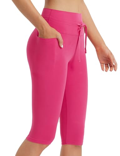 baleaf Damen Knielange Capri Leggings mit Taschen High Waisted Sport Leggings Drawstring Yogahose Kurze Workout Sporthose Gym Casual Sommer Rosarot L von baleaf