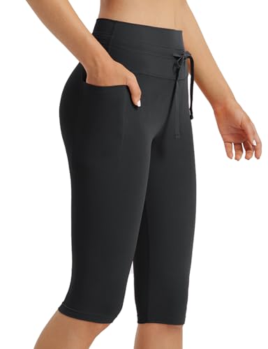 baleaf Damen Knielange Capri Leggings mit Taschen High Waisted Sport Leggings Drawstring Yogahose Kurze Workout Sporthose Gym Casual Sommer Schwarz M von baleaf