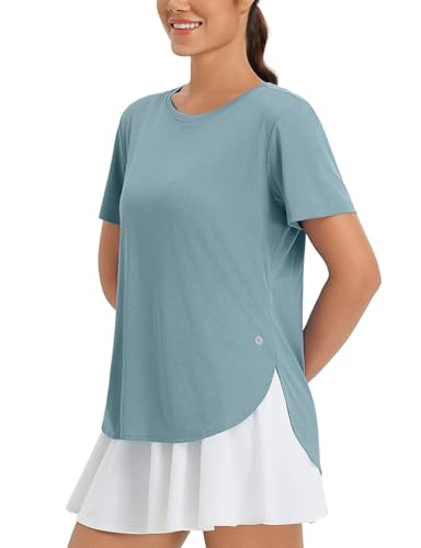 baleaf Damen Kurzarm-Sonnen-Shirt Workout Tops Rundhalsausschnitt T Shirts Laufen Shirts schnell trocken UV Heidekraut Hellblau M von baleaf