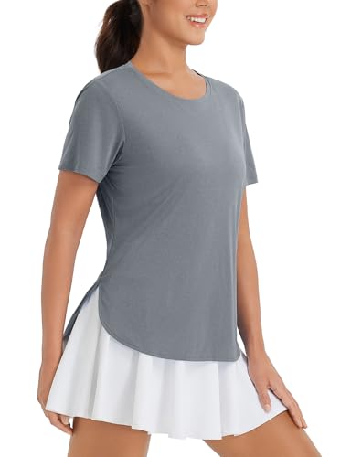 baleaf Damen Kurzarm-Sonnen-Shirt Workout Tops Rundhalsausschnitt T Shirts Laufen Shirts schnell trocken UV Heidekraut Hellgrau S von baleaf