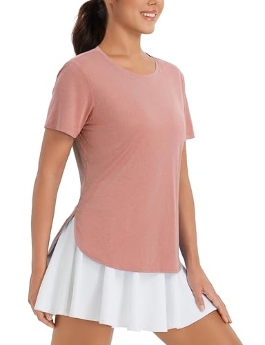 baleaf Damen Kurzarm-Sonnen-Shirt Workout Tops Rundhalsausschnitt T Shirts Laufen Shirts schnell trocken UV Heidekraut Orange M von baleaf