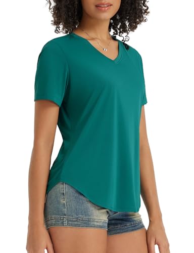baleaf Damen Kurzarm-Sonnen-Shirts V-Ausschnitt Workout Tops Running T Shirts Running UPF50+ Quick Dry UV Grün XXL von baleaf