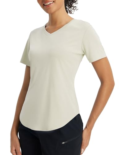 baleaf Damen Kurzarm-Sonnen-Shirts V-Ausschnitt Workout Tops Running T Shirts Running UPF50+ Quick Dry UV Hellbraun XXL von baleaf