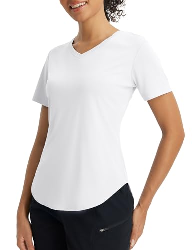 baleaf Damen Kurzarm-Sonnen-Shirts V-Ausschnitt Workout Tops Running T Shirts Running UPF50+ Quick Dry UV Weiß XXL von baleaf