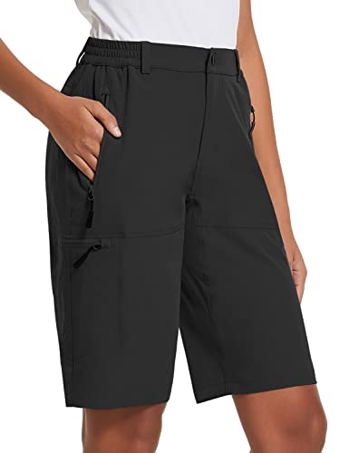 baleaf Damen Lang Wandern Bermuda Shorts Schnell trocknend Sommer Golf Shorts Leichtgewicht mit Taschen UPF 50+ für Camping Arbeit Schwarz M von baleaf
