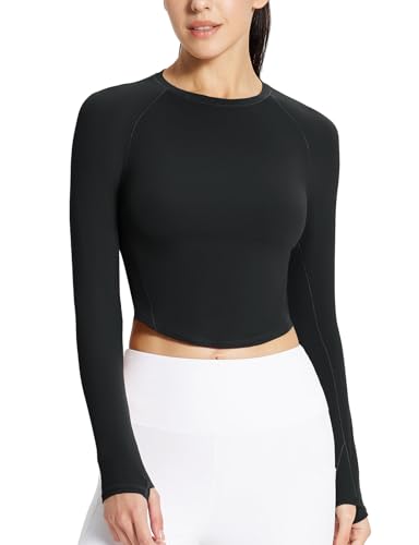 baleaf Damen Langarm Workout Tops Athletische Yoga Laufen Crop Tops Slim Fit Fitnessstudio Shirts Schwarz XL von baleaf