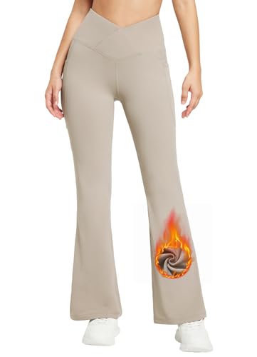 baleaf Damen-Leggings, Yogahose, Fleece-gefüttert, Thermohose, warm, Winter, Bootcut, Crossover mit Taschen, khaki, S von baleaf