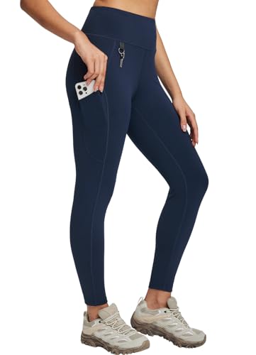 baleaf Damen Wanderleggings mit 3 Taschen Wanderhose Trekkinghose Sport Leggings High Waist Schnelltrocknend UPF 50+ Marineblau M von baleaf