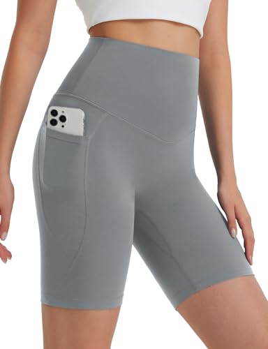 baleaf Damen Radlerhose Super Hohe Taille 8" Gym Shorts mit Taschen Sporthose Kurz Sommer Push Up Slim Fitness Sport Leggings Grau L von baleaf
