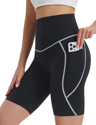 baleaf Damen Radlerhose Super Hohe Taille 8" Gym Shorts mit Taschen Sporthose Kurz Sommer Push Up Slim Fitness Sport Leggings Schwarz+Weiß XL von baleaf