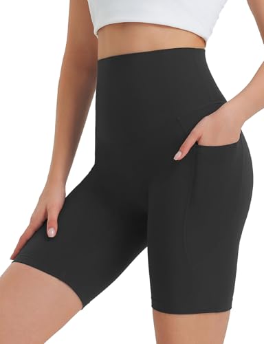 baleaf Damen Radlerhose Super Hohe Taille 8" Gym Shorts mit Taschen Sporthose Kurz Sommer Push Up Slim Fitness Sport Leggings Schwarz S von baleaf